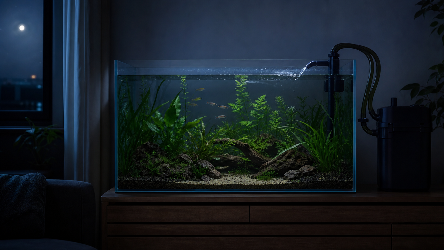 Quiet planted freshwater aquarium at night with a running external canister filter and gentle surface movement