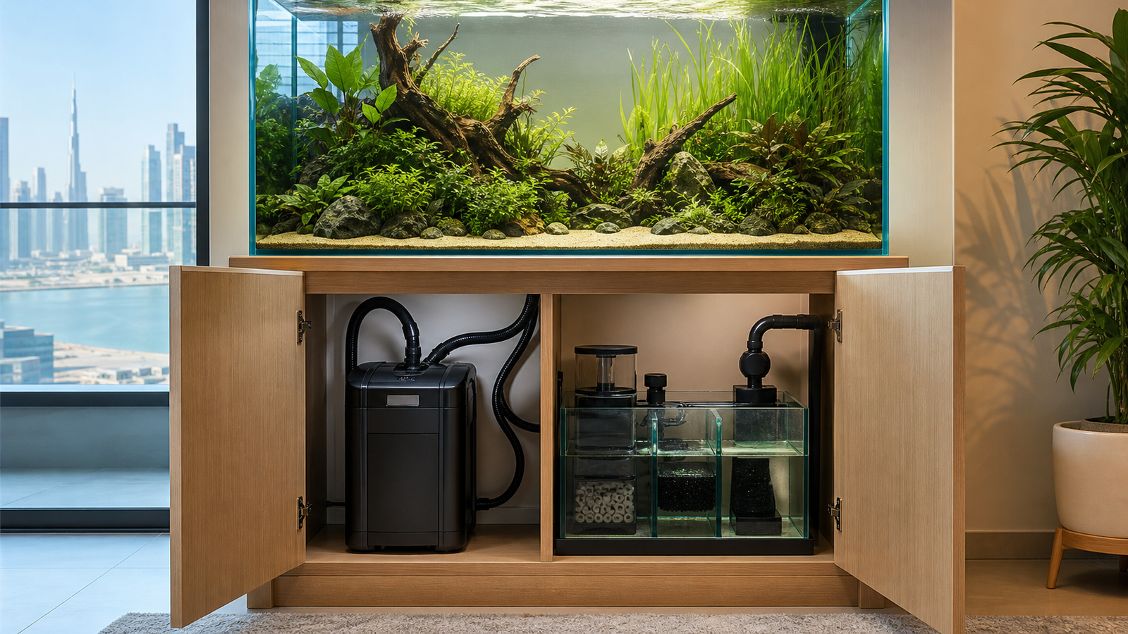 Planted freshwater aquarium above an open cabinet showing a canister filter beside a glass sump filtration system