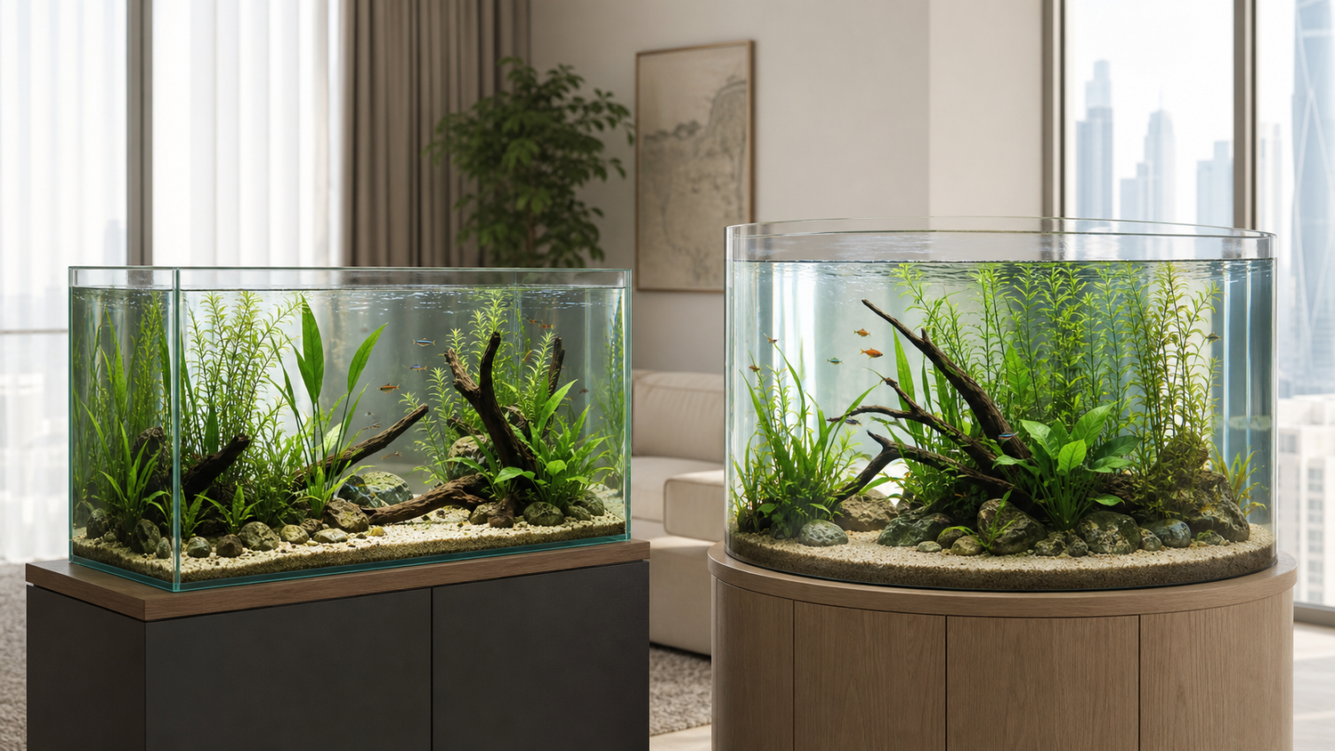 Glass rectangular aquarium beside a curved acrylic planted aquarium in a bright Dubai apartment