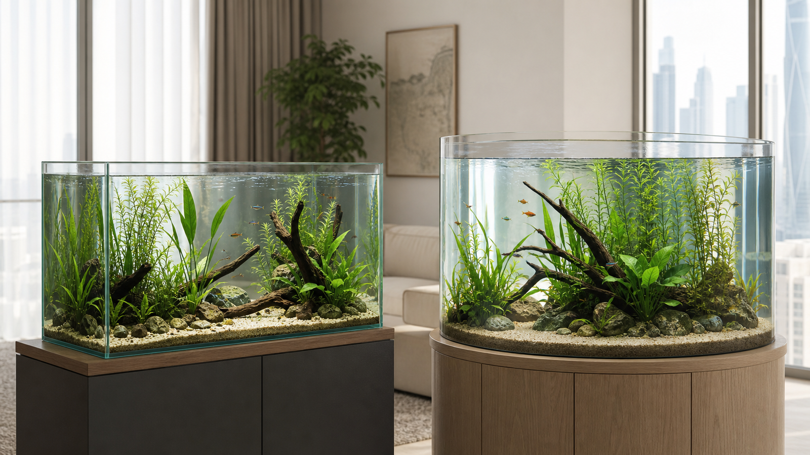 Glass rectangular aquarium beside a curved acrylic planted aquarium in a bright Dubai apartment