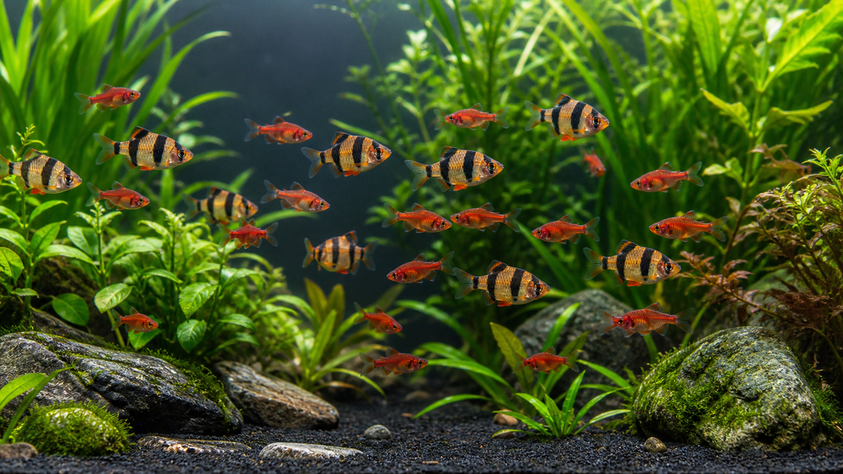 A school of tiger barbs and cherry barbs swimming in a planted freshwater aquarium