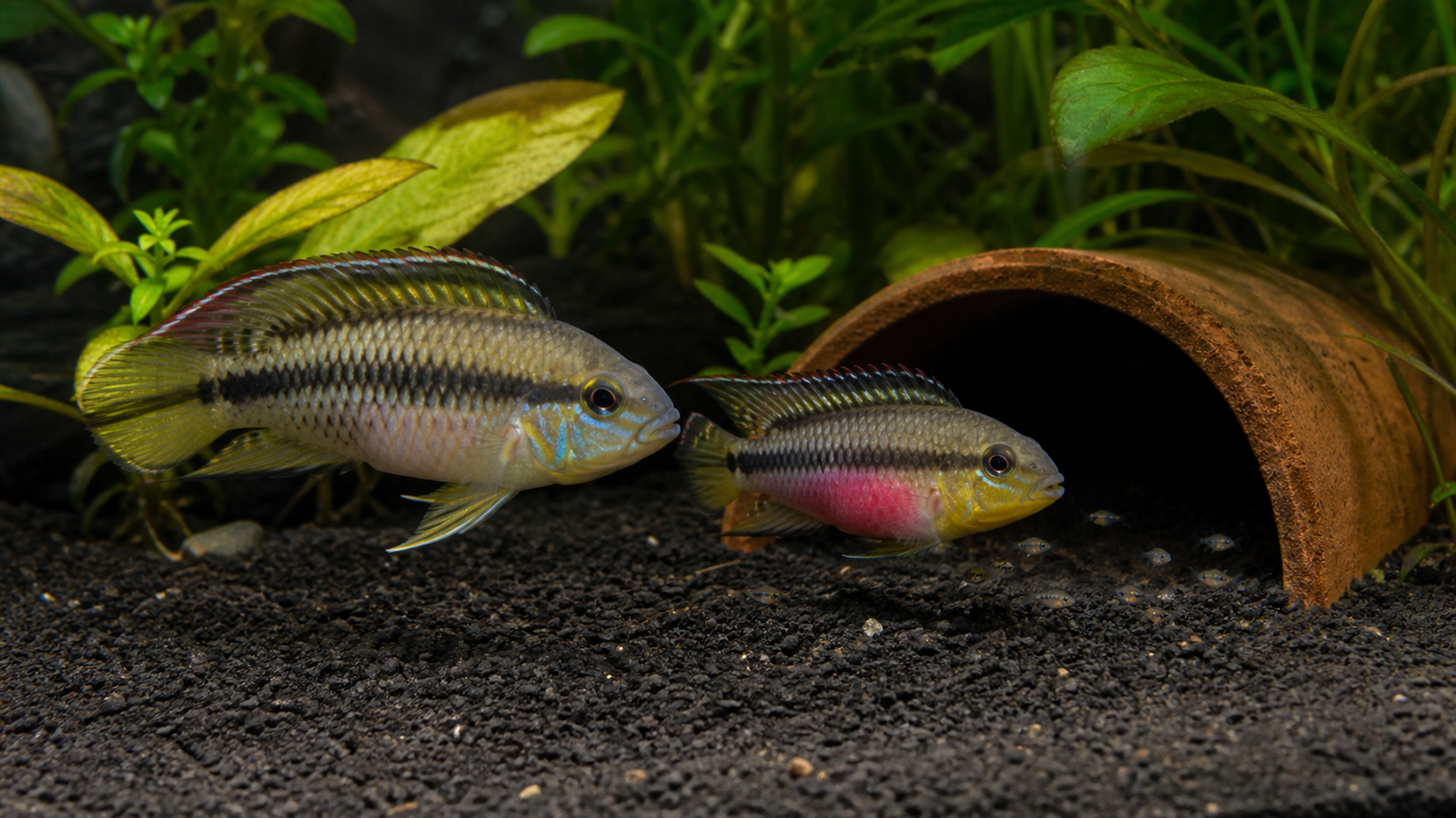Pair of Kribensis cichlids by a terracotta breeding cave in a planted community aquarium