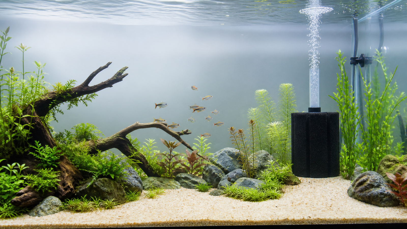 A planted freshwater aquarium with a black sponge filter running gently in one rear corner