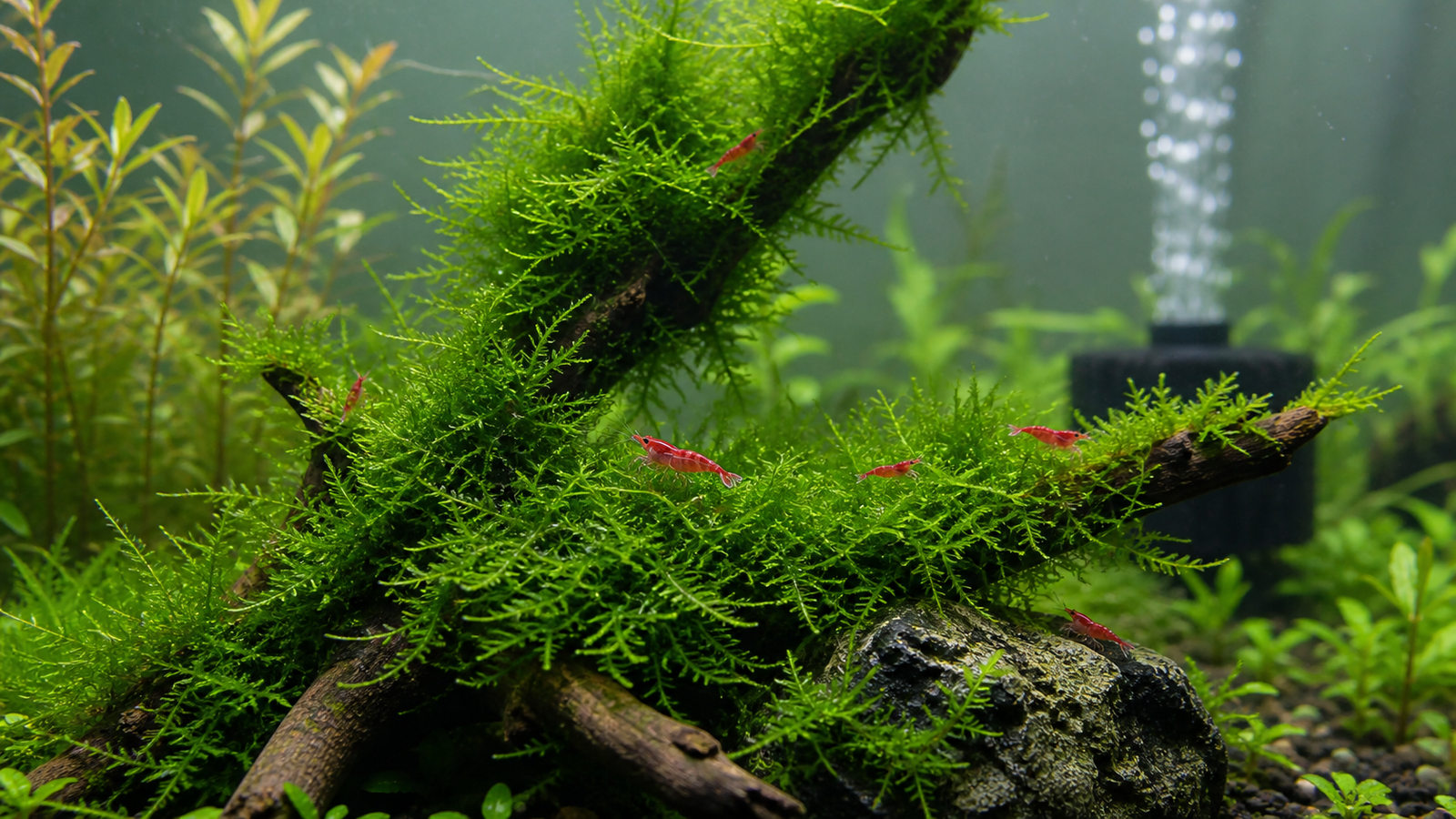 Cherry shrimp grazing through Java moss attached to aquarium driftwood