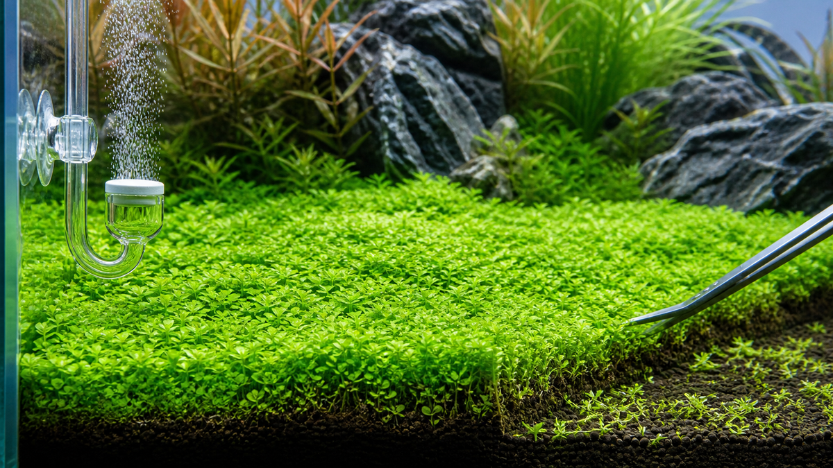 Dense aquarium carpet plants with a CO2 diffuser and trimming tweezers