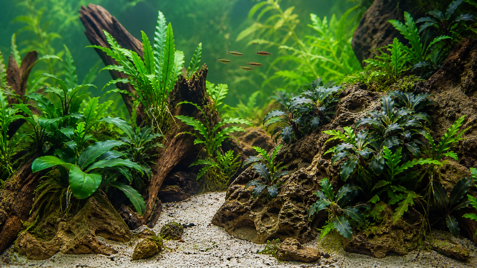 Anubias, Java fern and Bucephalandra attached to driftwood and rock above the substrate