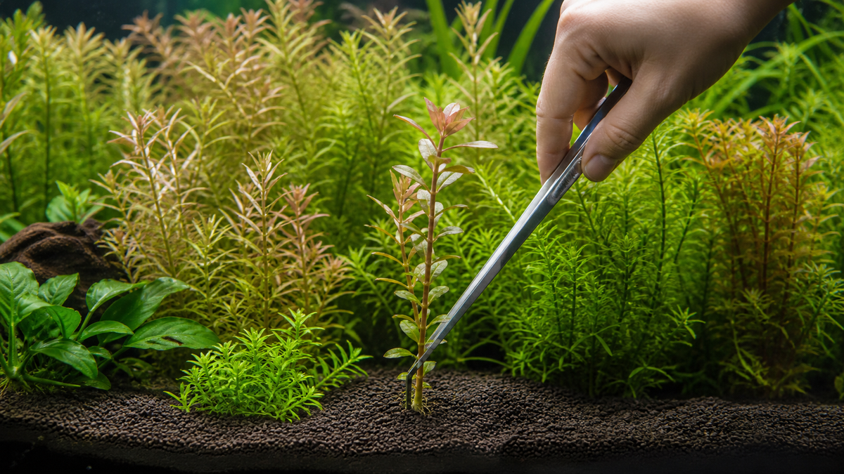An aquarist replanting a healthy stem cutting in a dense planted aquarium