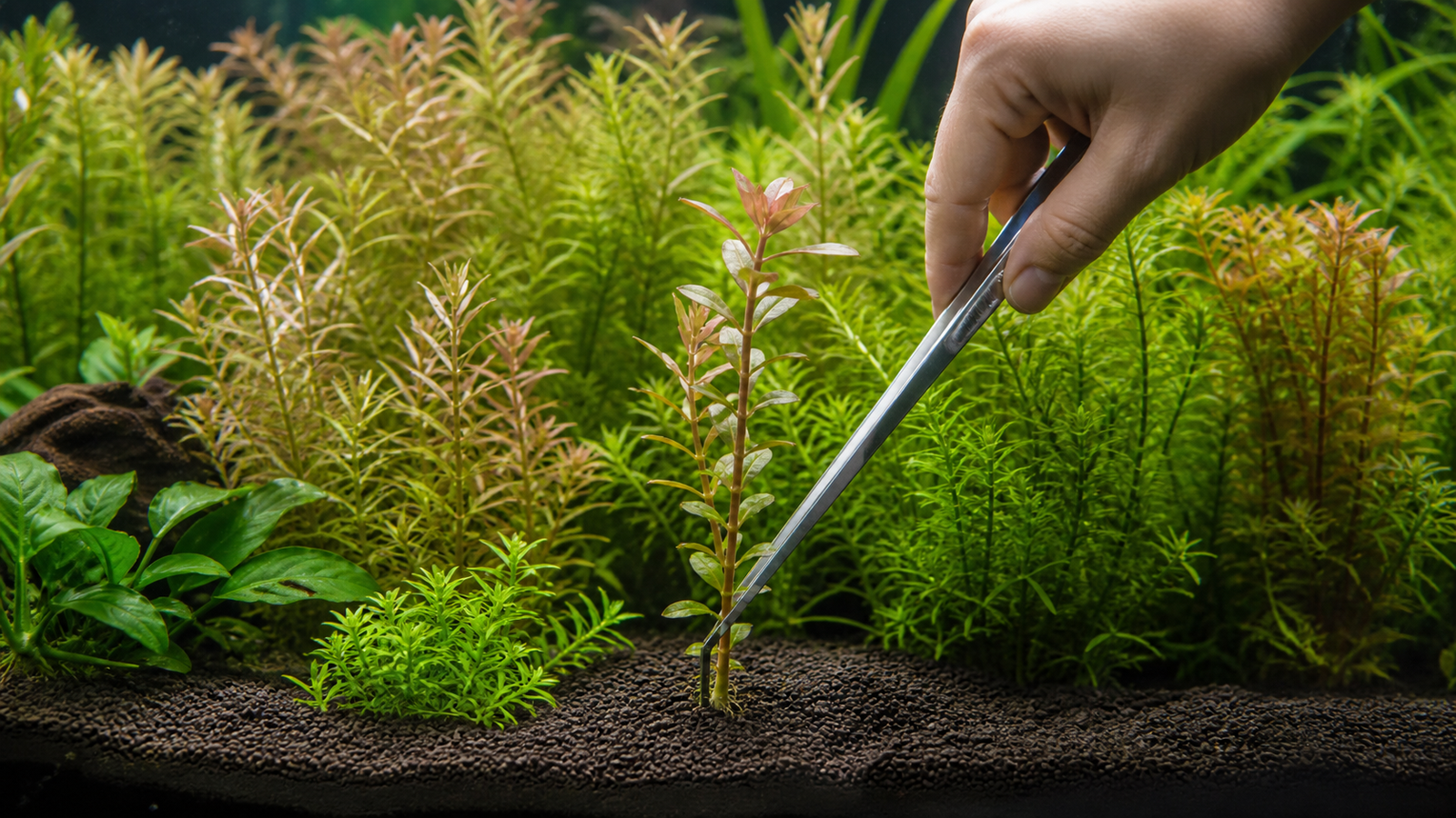 An aquarist replanting a healthy stem cutting in a dense planted aquarium