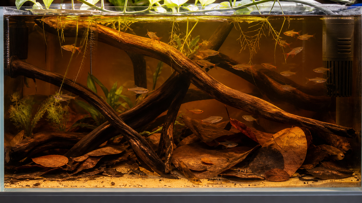 Natural tannin-stained aquarium water with driftwood, leaf litter and healthy fish