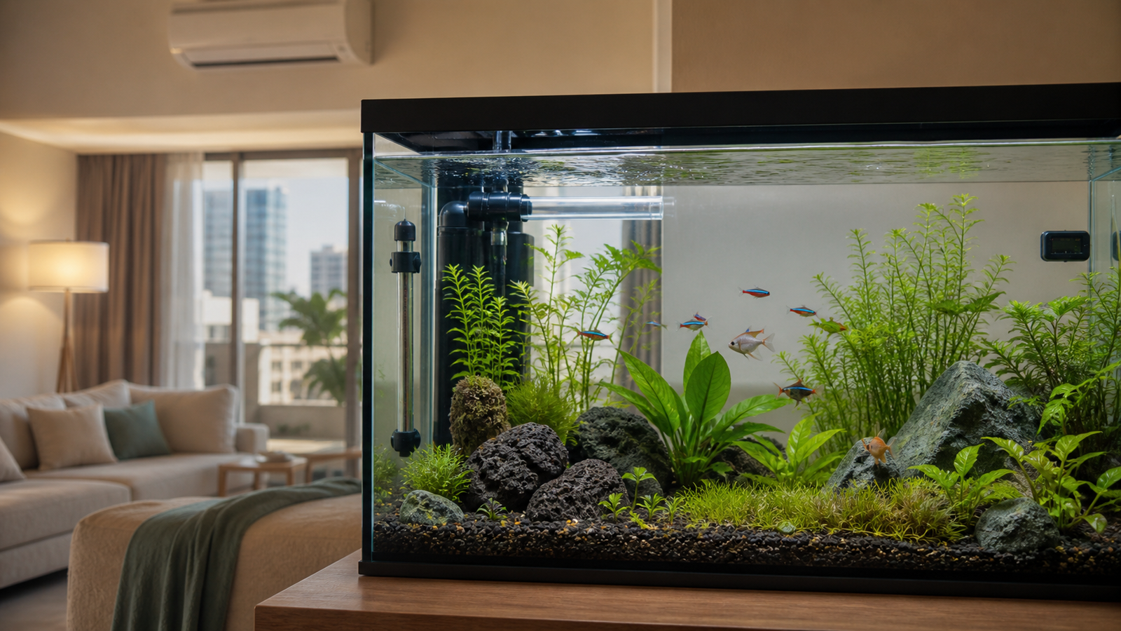 Aquarium heater and thermometer in a planted freshwater tank inside an air-conditioned Dubai apartment
