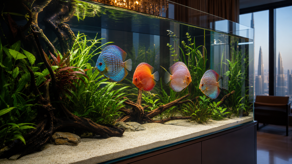 Group of adult discus fish in a spacious planted freshwater aquarium with sand and driftwood
