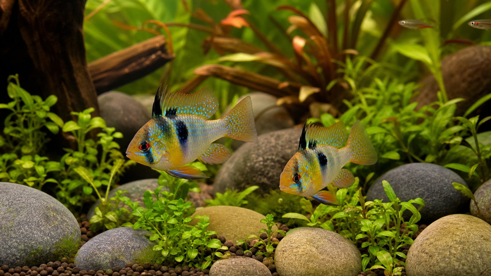 Pair of German blue ram cichlids swimming above smooth stones in a planted warm-water aquarium