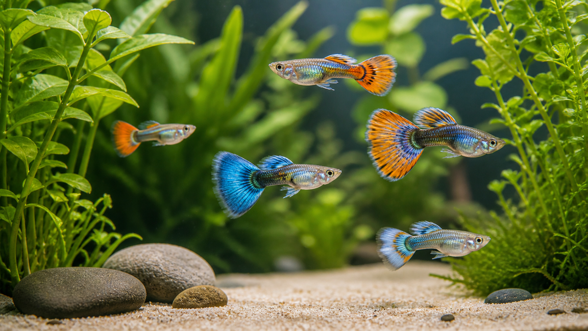 Colourful male fancy guppies swimming in a planted freshwater aquarium with fine sand and smooth stones