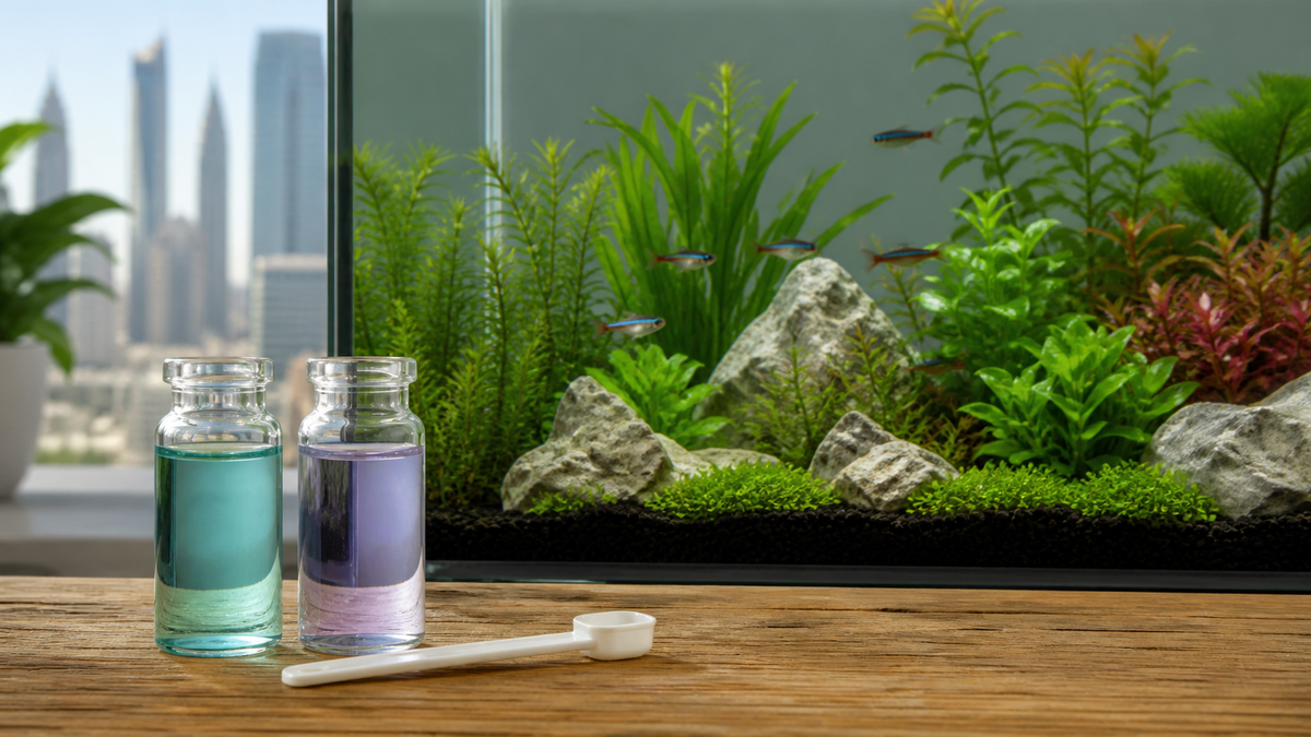 Two unlabelled aquarium water-test vials beside a healthy planted freshwater aquarium for KH and GH testing
