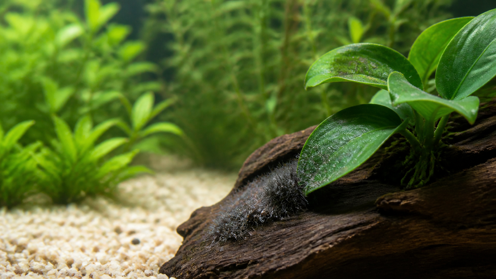 Short dark black beard algae tufts growing on driftwood beside healthy Anubias leaves in a freshwater planted aquarium