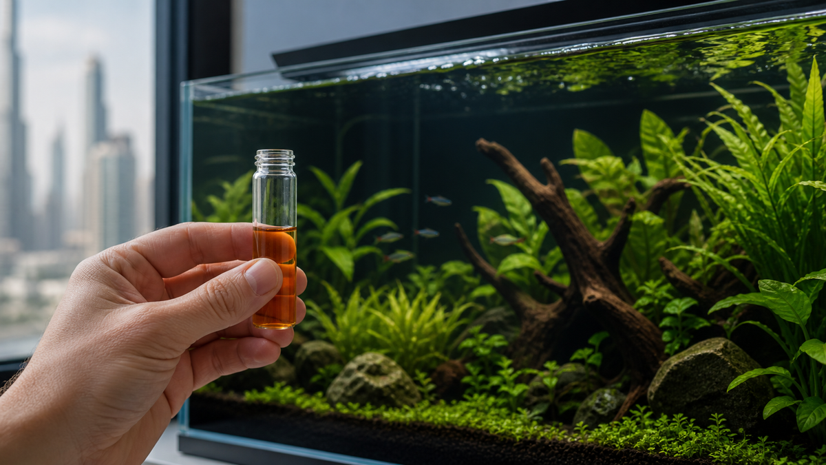 Aquarist holding an amber aquarium water test vial beside a healthy planted freshwater aquarium in a Dubai apartment
