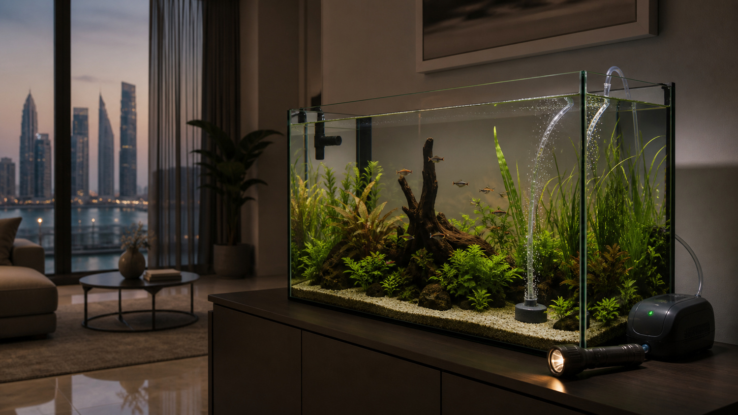 Planted freshwater aquarium during a Dubai power cut with a battery air pump maintaining gentle aeration