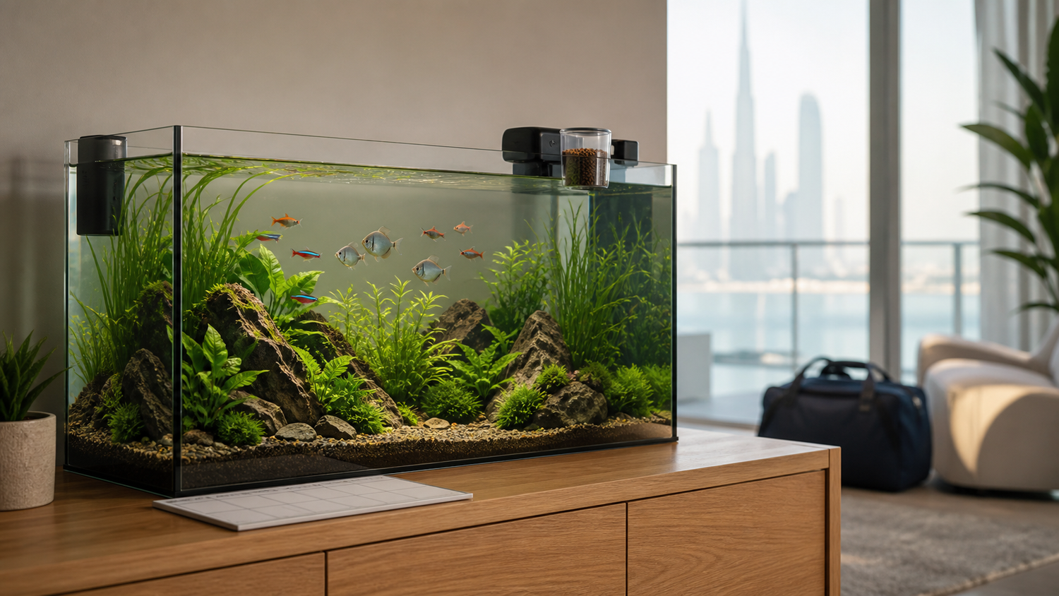 Healthy planted freshwater aquarium prepared for a holiday with a discreet automatic feeder and travel bag nearby
