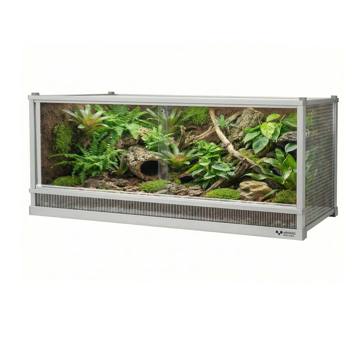 Decorated ADVINCI Sun MAX terrarium display with a white frame, wood and layered green planting.