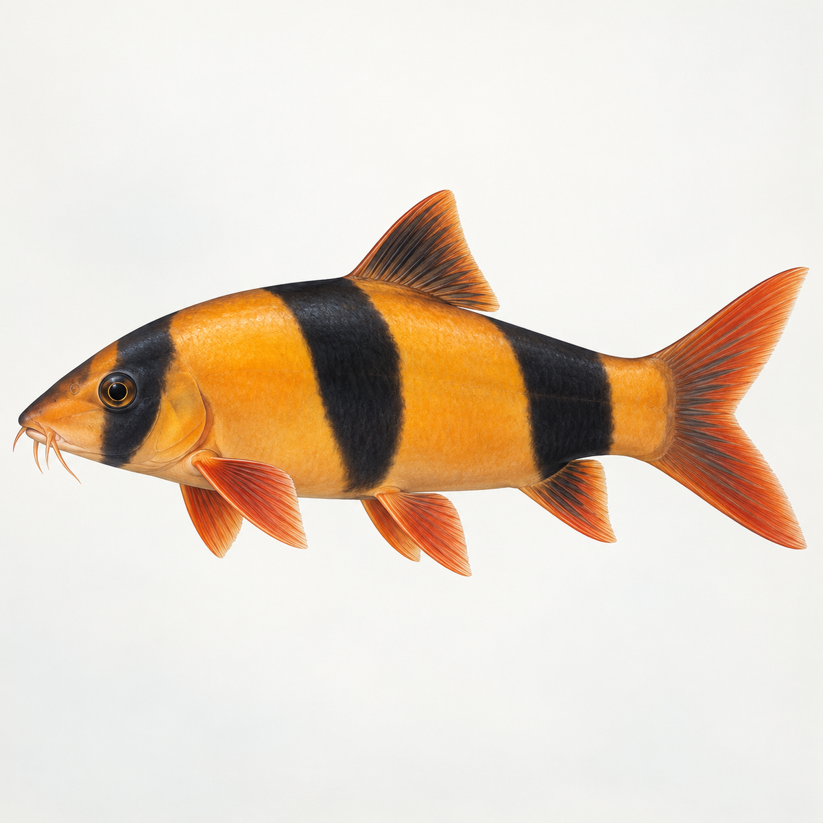 Illustration of a clown loach with three dark body bands; not a photograph of current stock