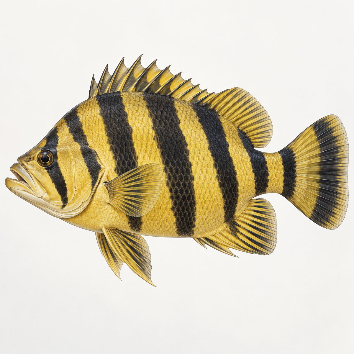Illustration of a Sumatran tigerfish with dark vertical bands; not a current-stock photograph