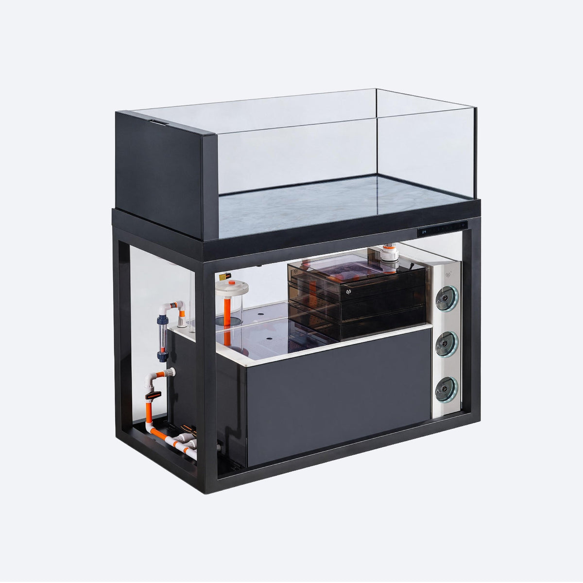ManTangHong M7 aquarium with black support frame, exposed filtration compartments and pipework
