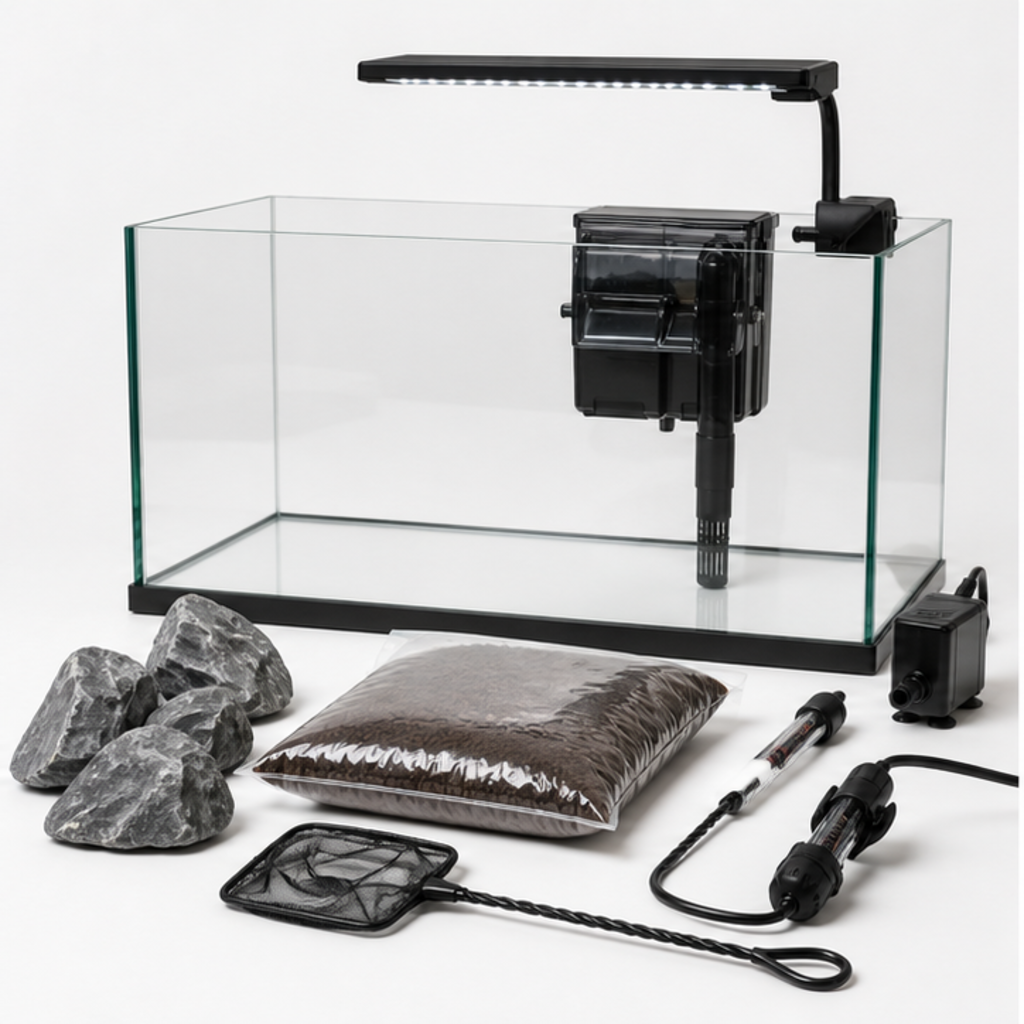 Everything needed to start a freshwater aquarium laid out: tank, filter, substrate, net and heater