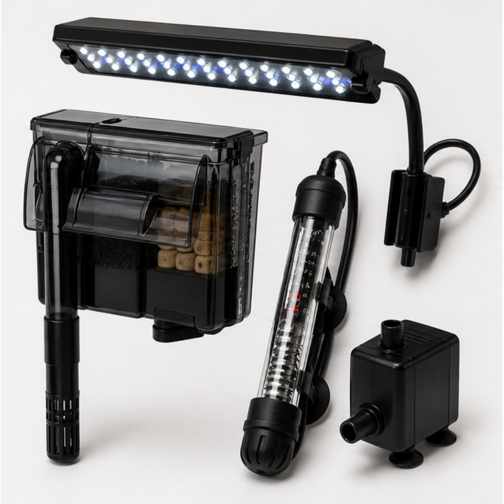 Hang-on-back filter, LED light bar, heater and submersible pump laid out on a white background
