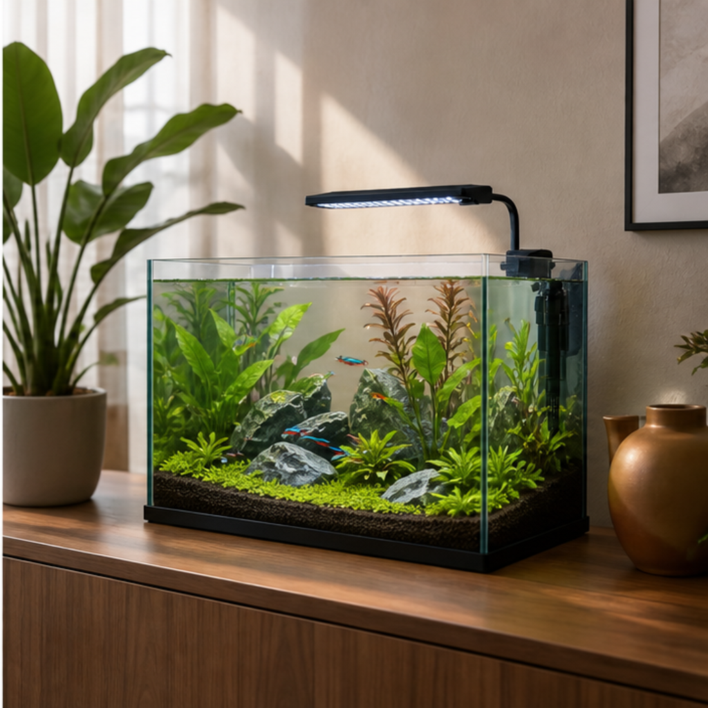 A home aquarium running quietly in a living room