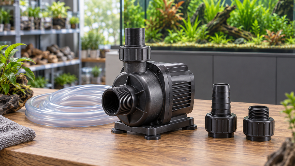 Illustration of a generic aquarium return pump, clear hose and fittings on a workbench.