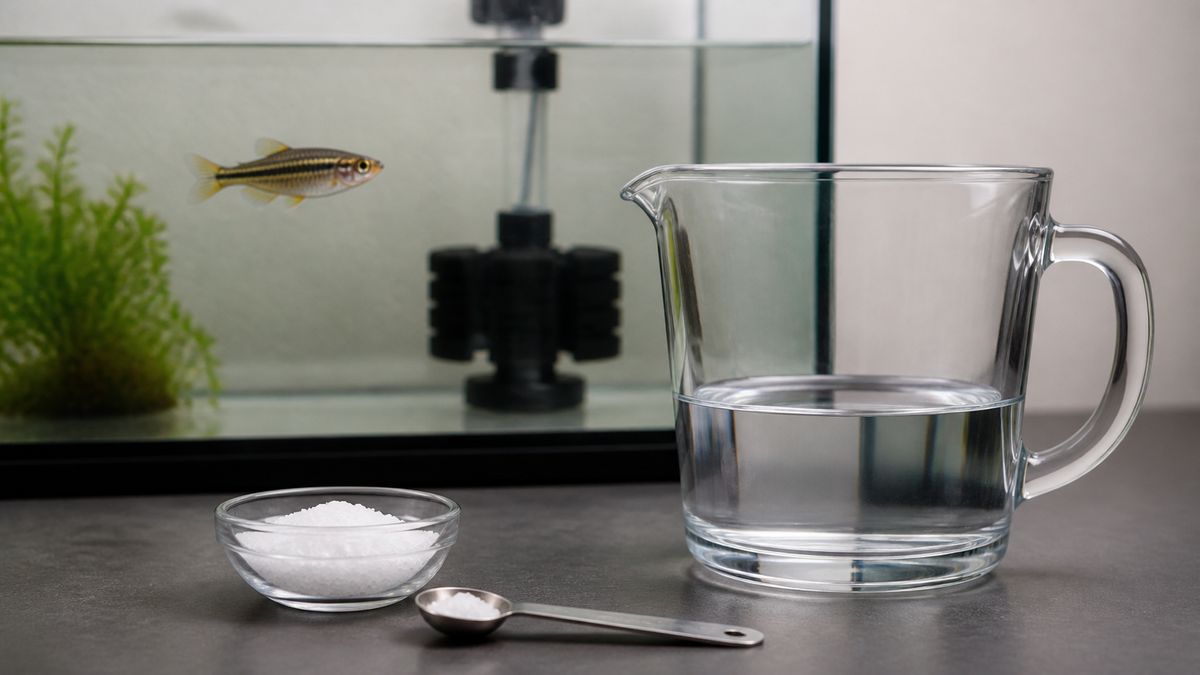 A measured portion of aquarium salt beside a jug prepared for dissolving it safely.