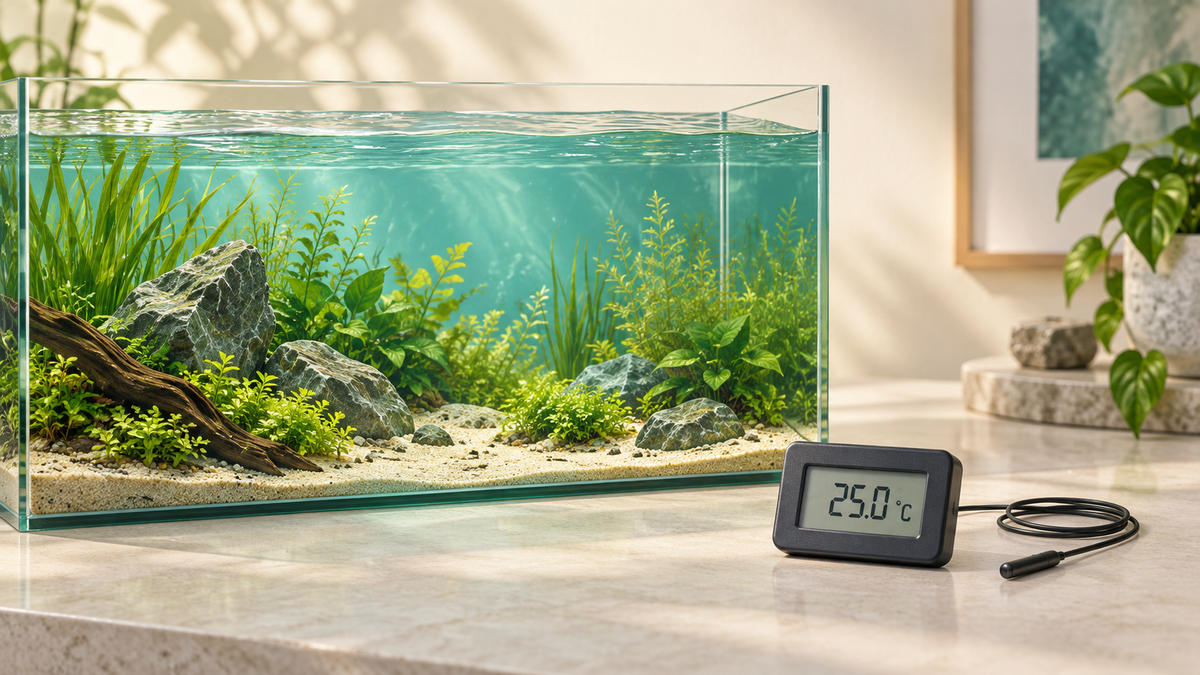 Editorial illustration of a planted aquarium beside a generic digital thermometer and a coiled probe cable.