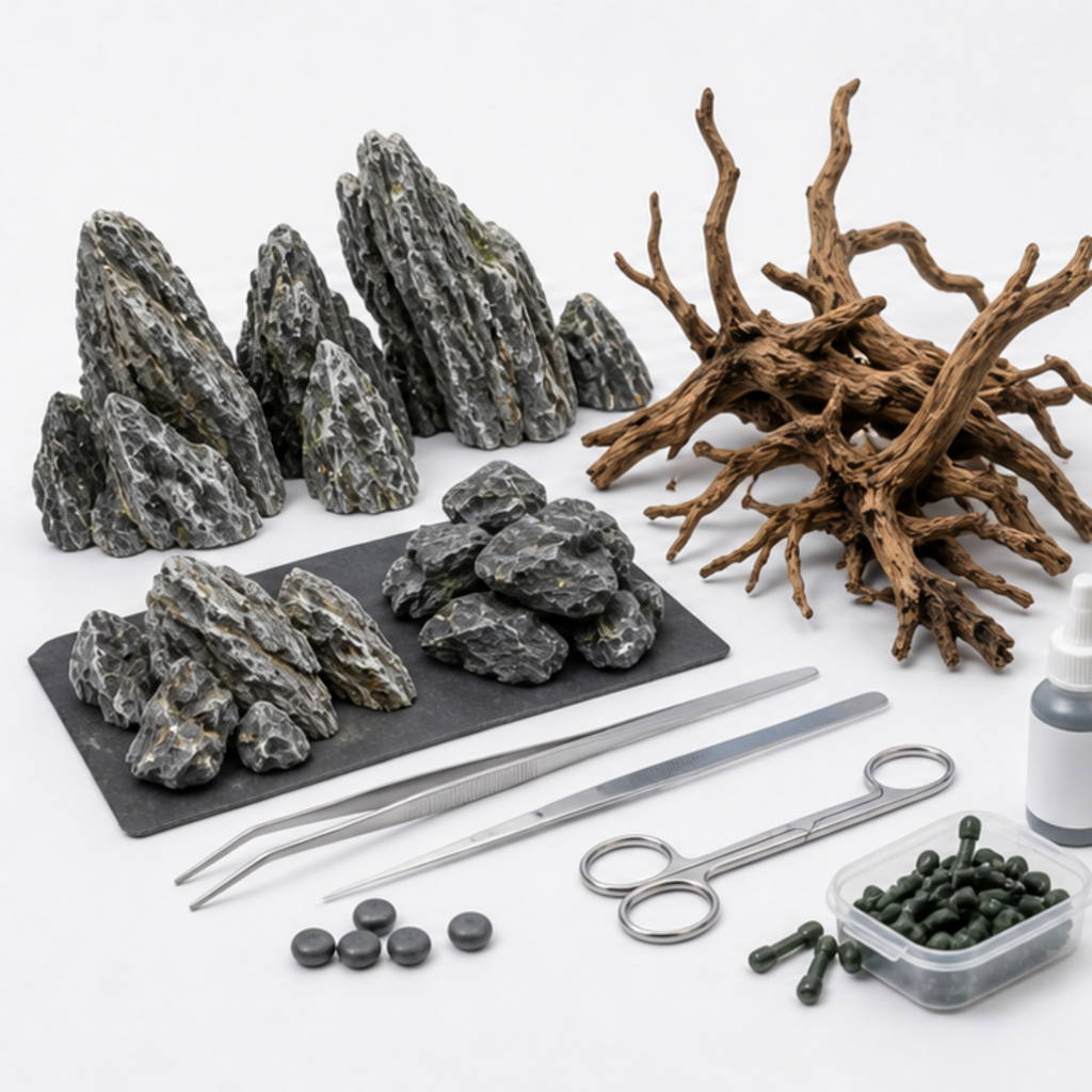 Aquascaping rocks and driftwood laid out with planting tools