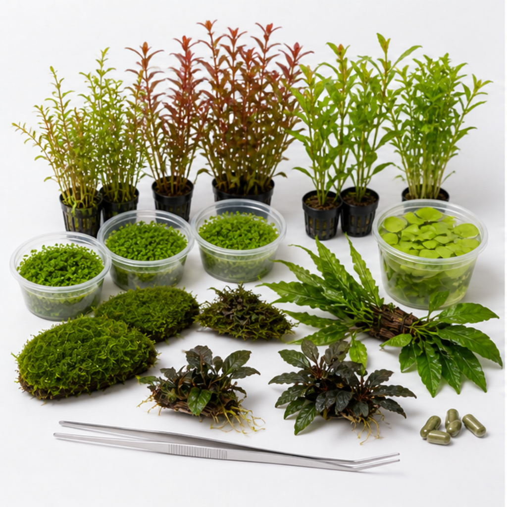 A selection of aquarium plants in pots and cups with moss and aquascaping tweezers, ready for trimming and planting