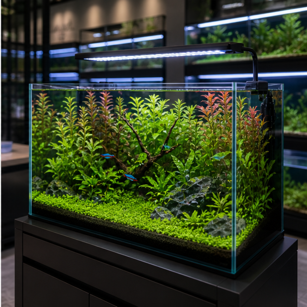 A planted aquarium under aquarium lighting on a timer