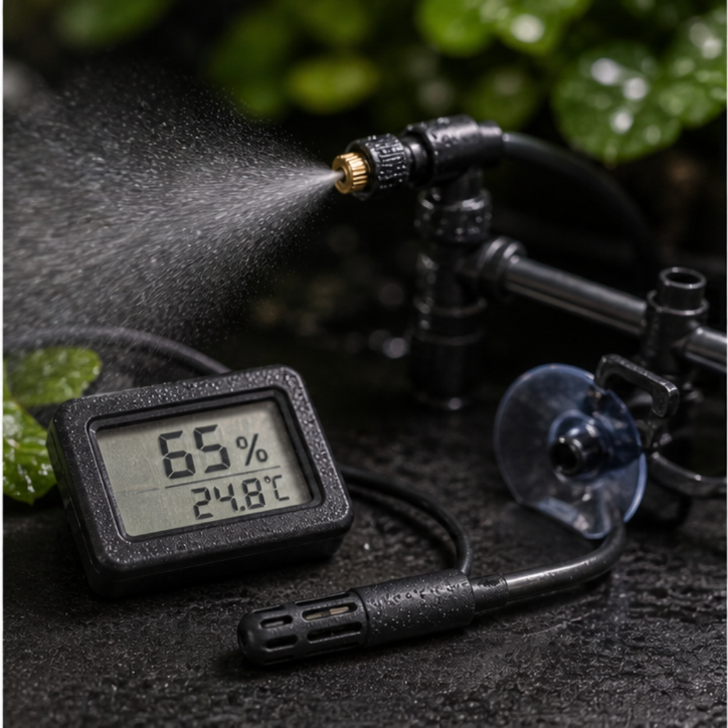 A digital thermometer and hygrometer reading temperature and humidity in a vivarium