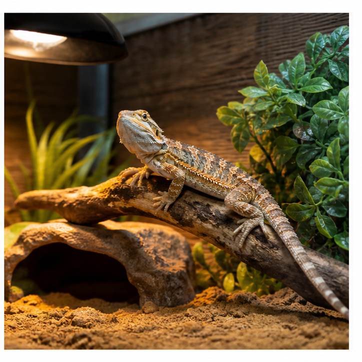 A juvenile bearded dragon basking under a heat lamp on driftwood in a desert vivarium