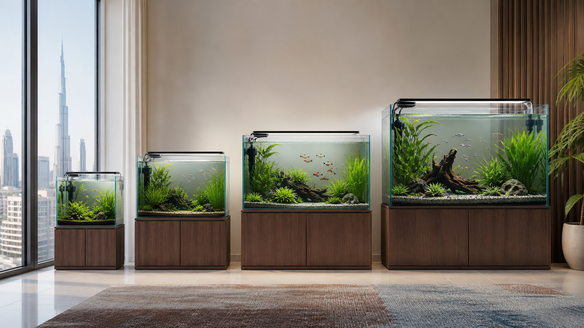 Small, medium and large planted aquariums with appropriately sized aquatic livestock.
