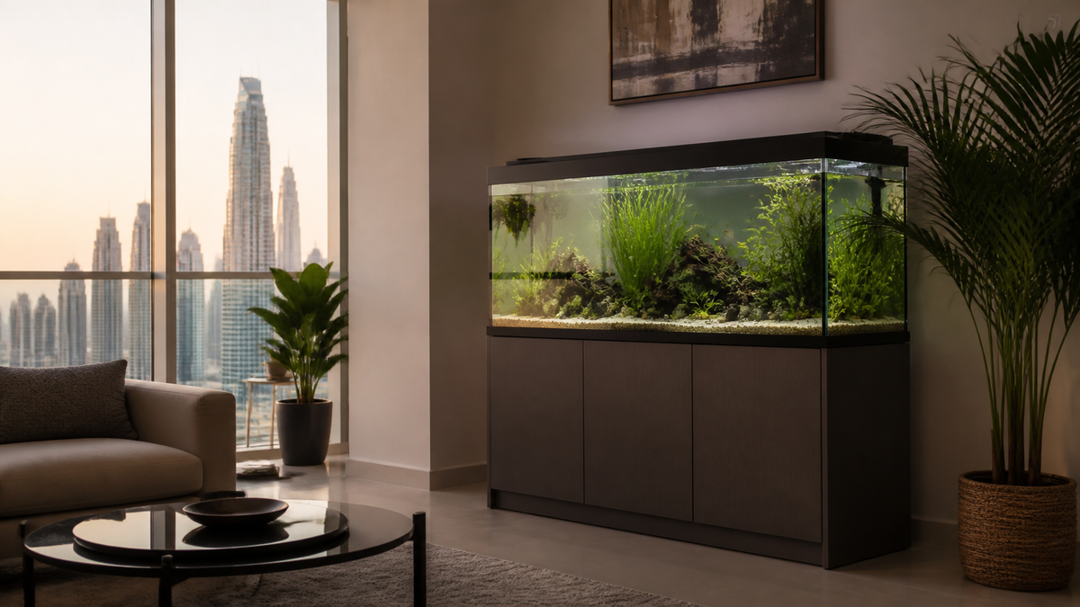 A well-proportioned aquarium on a sturdy cabinet in a compact Dubai apartment.