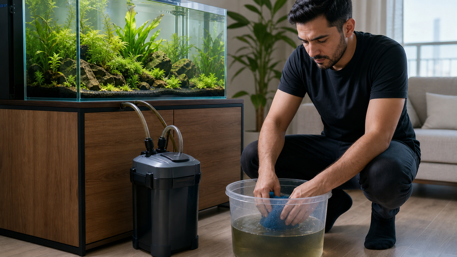 Aquarist gently rinsing a blue canister-filter prefilter sponge in removed aquarium water beside a planted freshwater aquarium