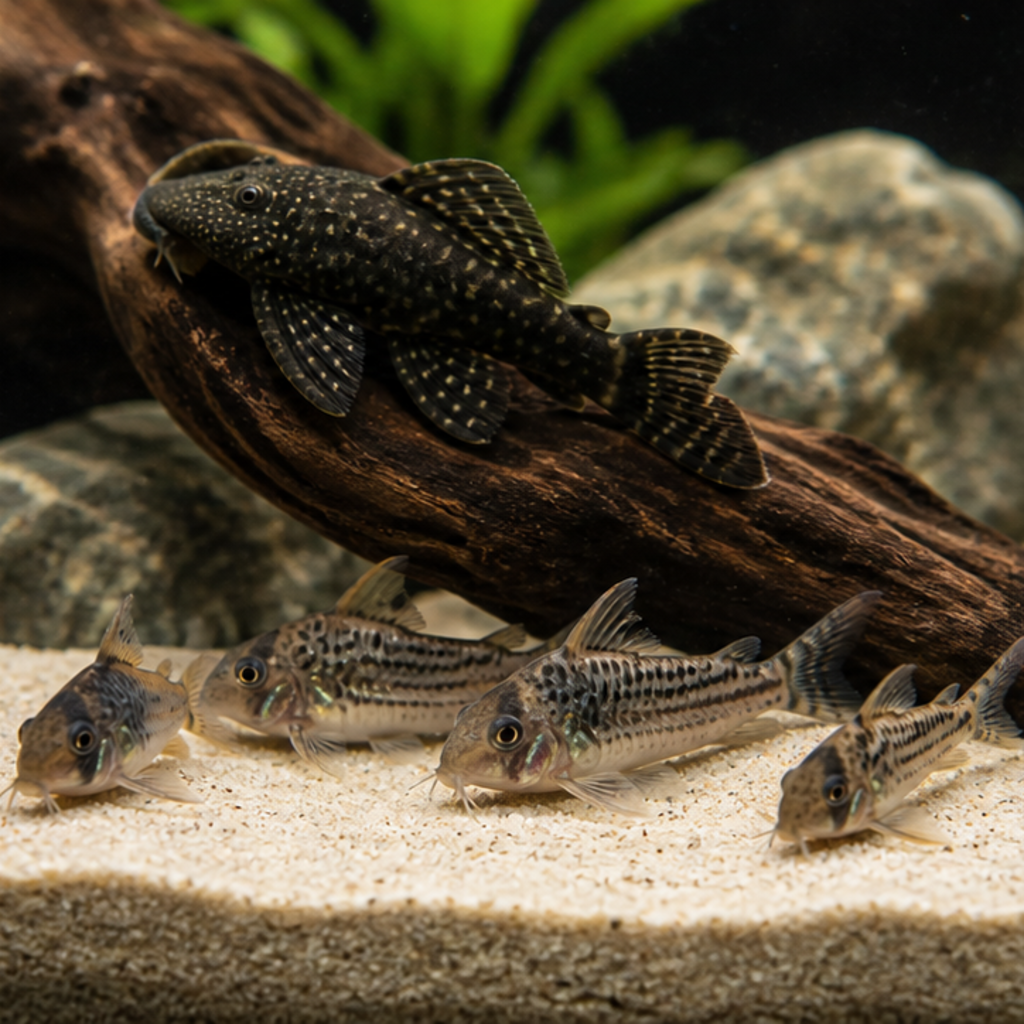 Group of corydoras catfish foraging on light sand beneath a bristlenose pleco resting on driftwood