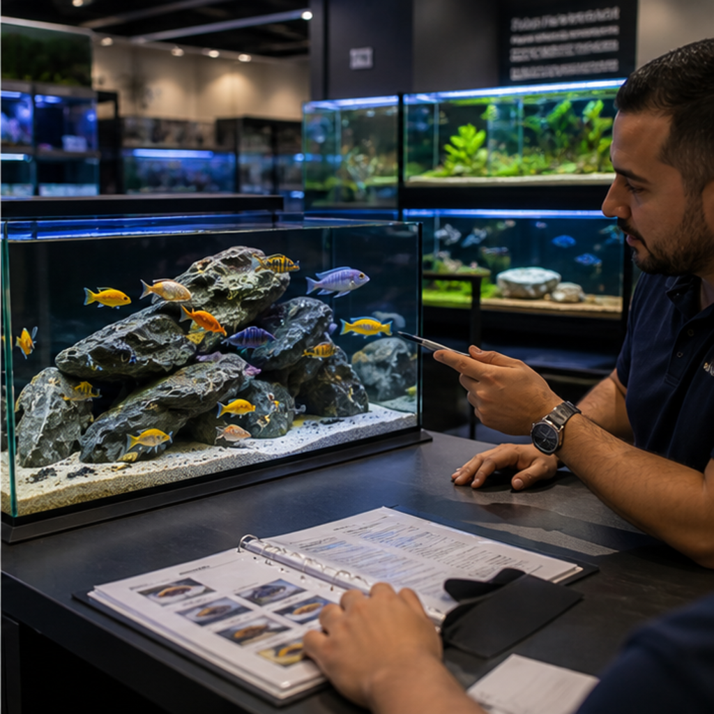 Choosing an aquarium in a fish shop, comparing tank footprint against the fish that will live in it