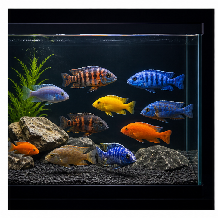 Aquarium fish spread across the top, middle and bottom levels of a planted tank