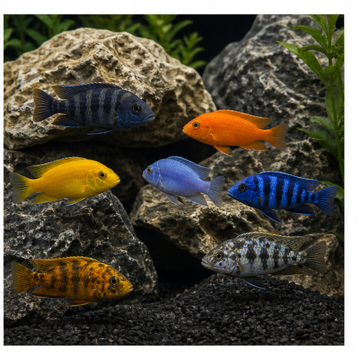 African cichlids on rockwork in a hard-water aquarium, illustrating fish that thrive in Dubai tap water without RO