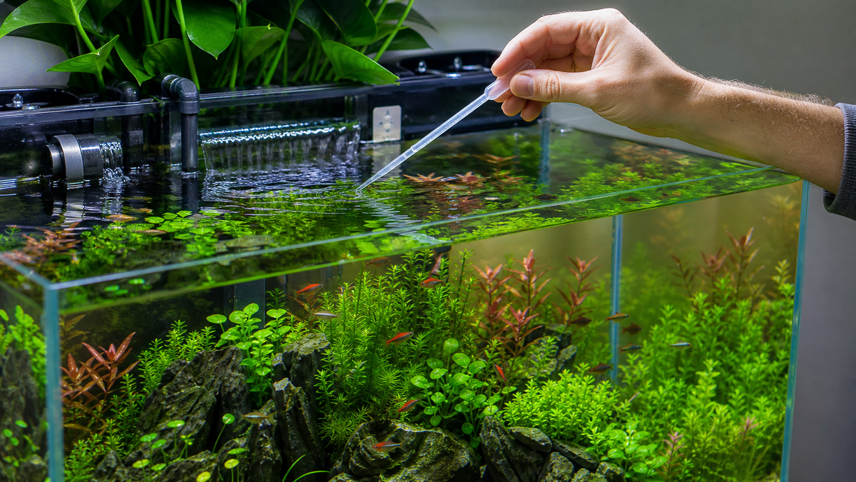 A measured dose of plant fertilizer being added to a healthy planted aquarium.