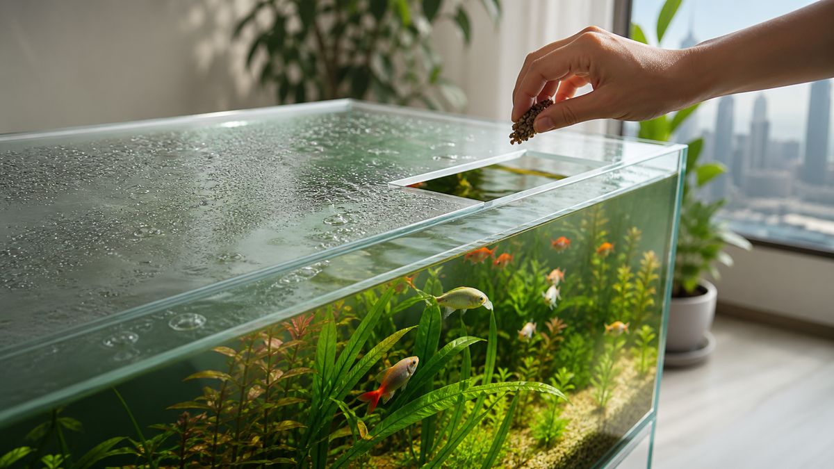 A freshwater aquarium with a secure glass lid and condensation beneath it.