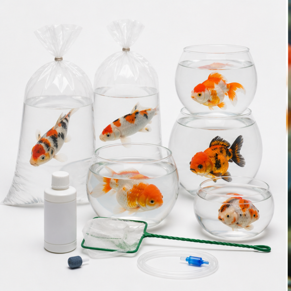 Fancy goldfish and koi in bags and containers ready for selection