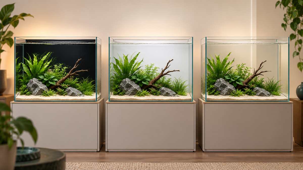 Illustration comparing black, white and clear backgrounds behind three planted aquariums.