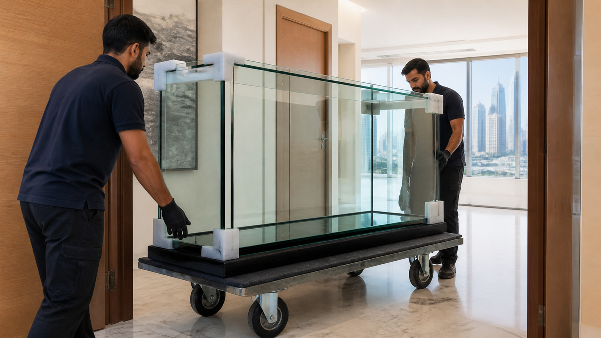 An empty glass aquarium protected with padding during safe apartment delivery.