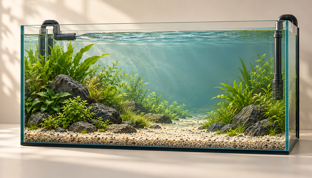 Illustration of a planted freshwater aquarium with a surface return on the left and a screened intake on the right.